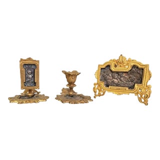 1920s French Bronze Candle Stick, Napkin Holder and Candle Set- 3 Pieces For Sale