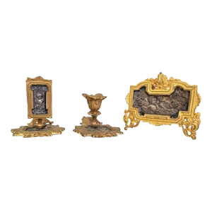 1920s French Bronze Candle Stick, Napkin Holder and Candle Set- 3 Pieces