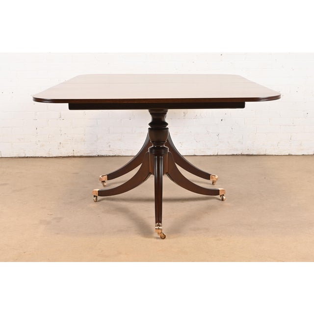 Baker Furniture Style Georgian Mahogany Double Pedestal Extension Dining Table, Newly Refinished For Sale - Image 11 of 12