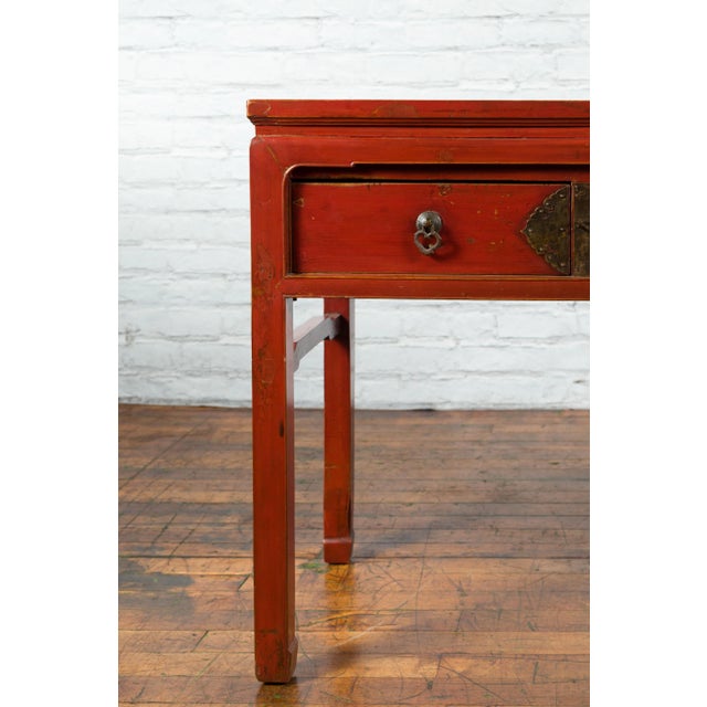 Chinese Red Lacquer Early 20th Century Two Drawer Desk with Brass Hardware For Sale - Image 4 of 13