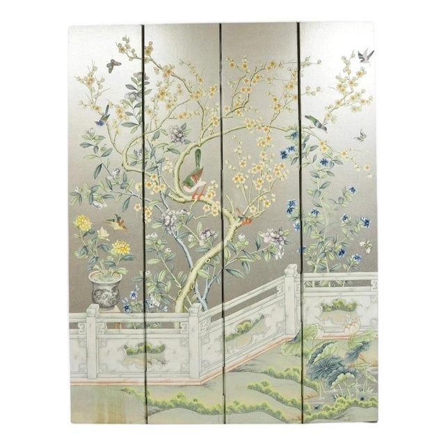 Vintage Chinoiserie Silver Leaf Birds Butterflies 4 Panel Screen Room Divider A For Sale