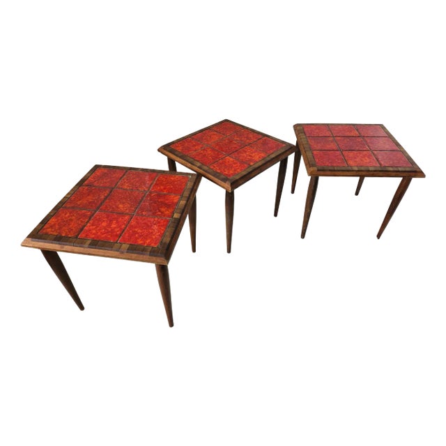 Mid 20th Century Stackable Wood and Inlaid Ceramic Tile Cocktail End Tables, Set of 3 For Sale