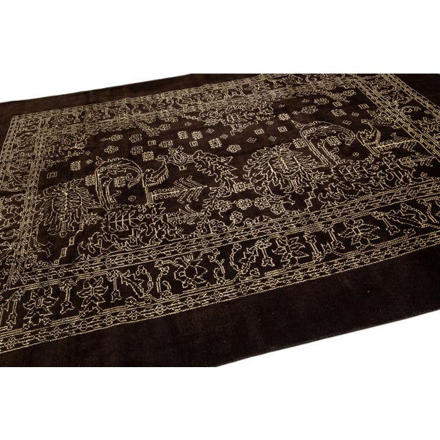 Transitional Handmade Allover Motif Brown Wool Rug For Sale In New York - Image 6 of 8