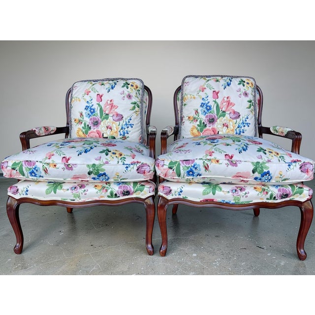 French Vintage Floral Bergère Armchairs by Century Furniture, a Pair For Sale - Image 3 of 16