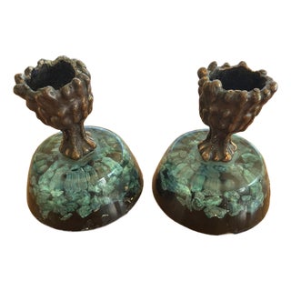 Vintage MCM Resin Malachite Chip Candlestick Holders w Metal Candle Cups – Pair For Sale