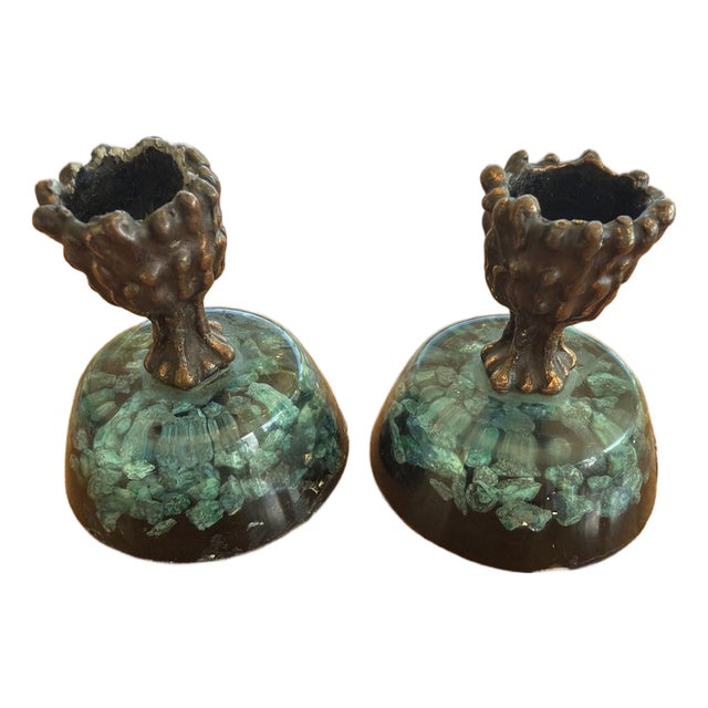 Vintage MCM Resin Malachite Chip Candlestick Holders w Metal Candle Cups – Pair For Sale