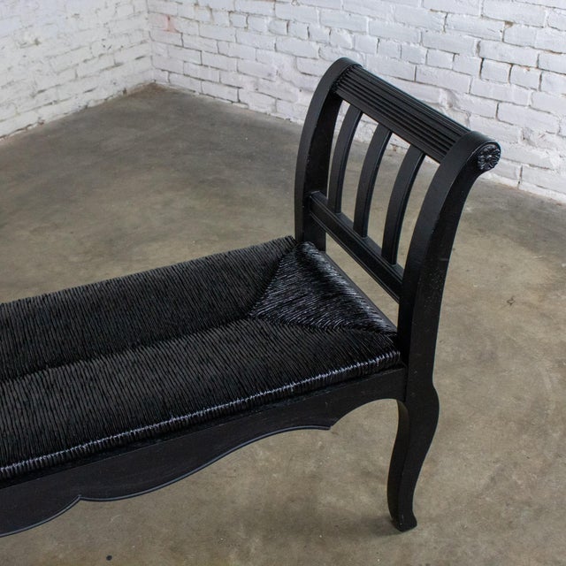 Wood Late 20th Century French Country Black Painted Bench W/Woven Rush Seat & Cabriole Legs For Sale - Image 7 of 18