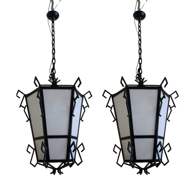 Large Iron and Opaline Glass Lanterns, 1930s, Set of 2 For Sale