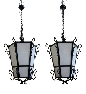 Large Iron and Opaline Glass Lanterns, 1930s, Set of 2