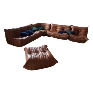 Togo Set in Cognac Brown Leather, 1970s, Set of 5 For Sale