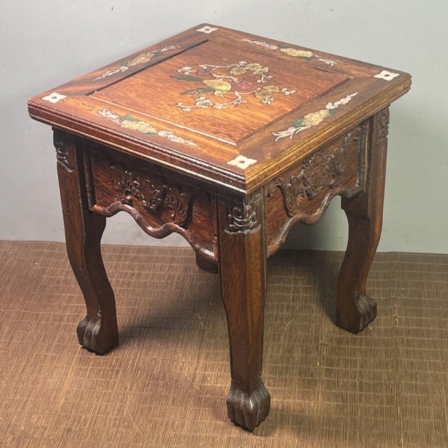 Chinese Rosewood Stool With Mother of Pearl Inlay, Carved Bat Motif Square Plant Stand For Sale - Image 6 of 7