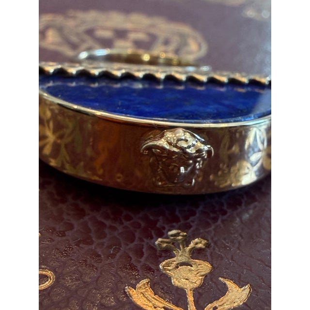 Retro Versace Lapis Lazuli Domed Ring With Medusa Logo and Greek Key Detail, Size 8 For Sale - Image 15 of 17