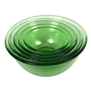 Vintage Uranium Glass Glowing Nesting Bowls by Hazel Atlas - Set of 5 For Sale