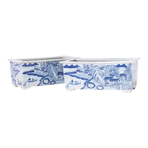 Pair of Blue and White Porcelain Rectangular Planters