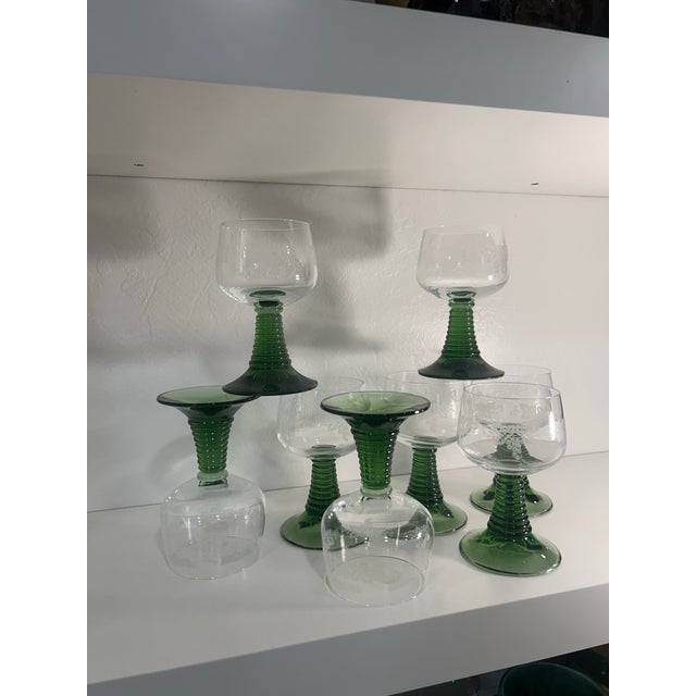1970s German Crystal Roemer Glasses With Beautiful Beehive Green Stems - Set of 8 For Sale In Sacramento - Image 6 of 11
