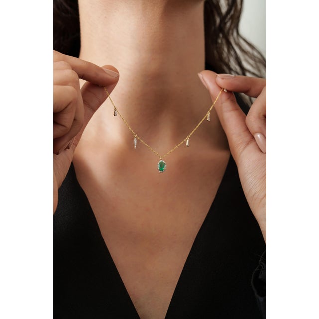 Green Oval Emerald & Diamond Drop Halo Station Charm Necklace in 14k Yellow Gold For Sale - Image 8 of 13