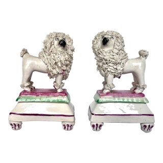Antique Victorian Staffordshire Spaghetti Poodles on Pillow Bases - A Pair For Sale