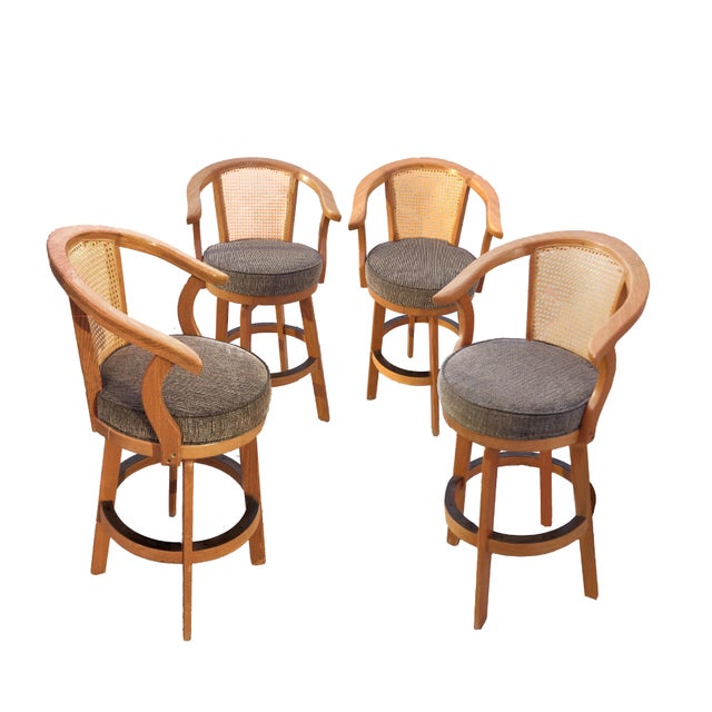 80's Honey Oak Swivel Barrel CaneBack Bar Stools With Upholstered Gray