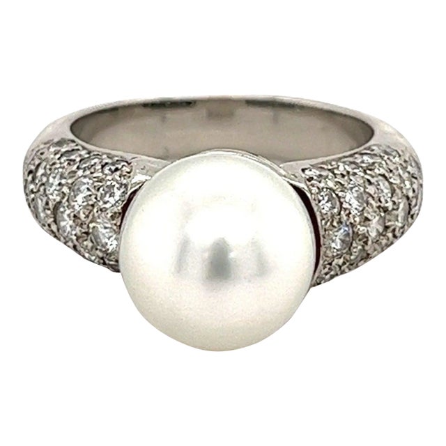 South Sea Pearl with Round Diamond Pave Side stones in Platinum Ring, Size 5 For Sale