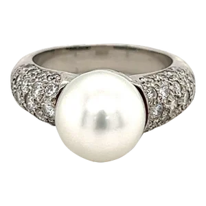 South Sea Pearl with Round Diamond Pave Side stones in Platinum Ring, Size 5