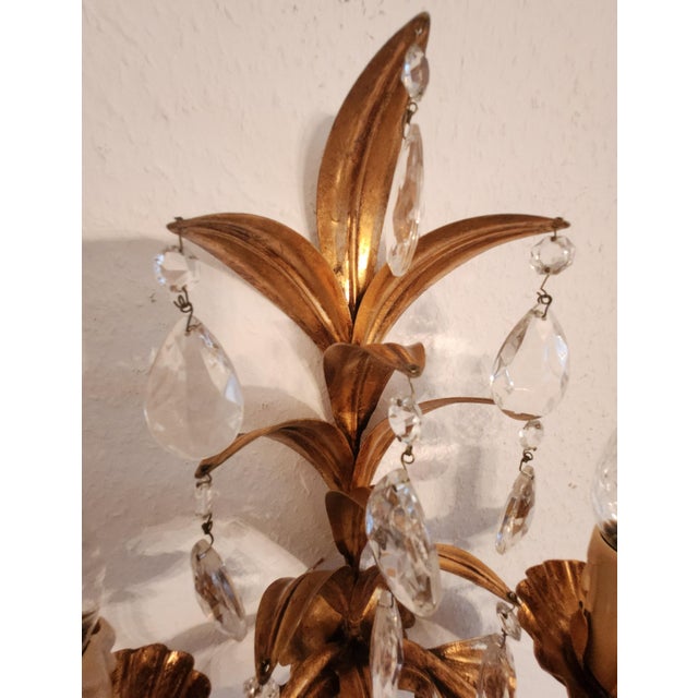 Vintage Two-Light Wall Lamp with Gold Leaf and Crystals, 1960s For Sale - Image 11 of 18