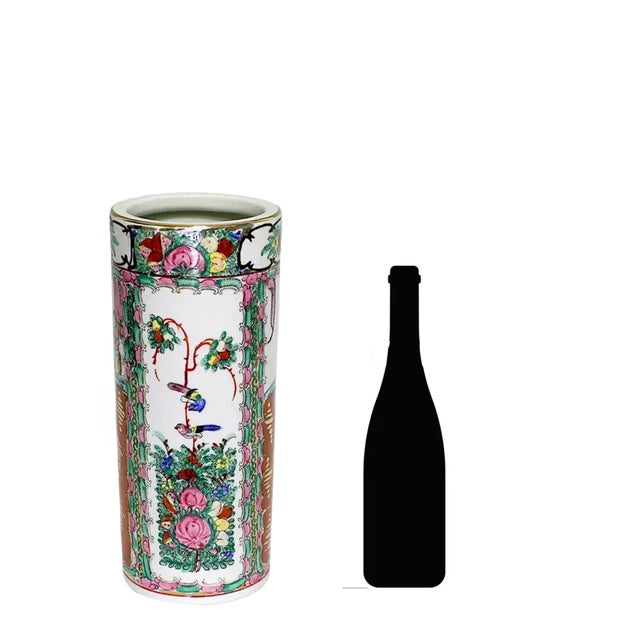 Large Vintage Hong Kong Chinese Hand Painted Rose Medallion White Porcelain 'Hat Stand' Cylinder Vase, Gilt Highlights For Sale - Image 4 of 7
