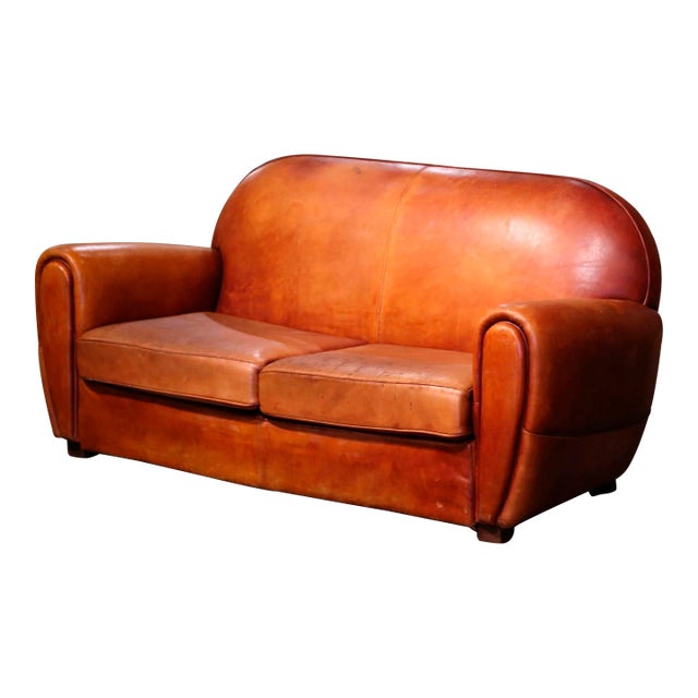 Early 20th Century French Art-Deco Brown Leather Two-Seat Club Sofa For Sale