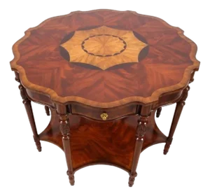 1980s Vintage Maitland-Smith Accent Table for Entryway Traditional, Neoclassical Style. Burled Wood, Sunburst Top, Scalloped Edge