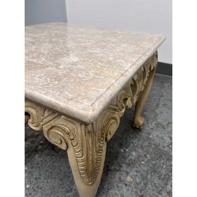 Beige Schnadig Fine Furniture French Provincial Carved Wood + Marble Side Table For Sale - Image 8 of 12