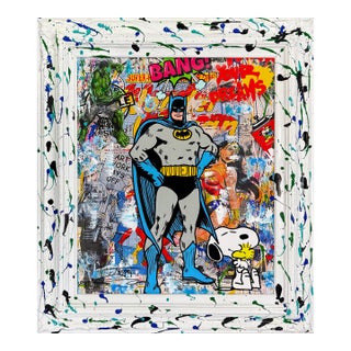 Jozza, Batman Bang!, Unique Mixed Media on Canvas With Painted Frame, 31 X 27 In. For Sale