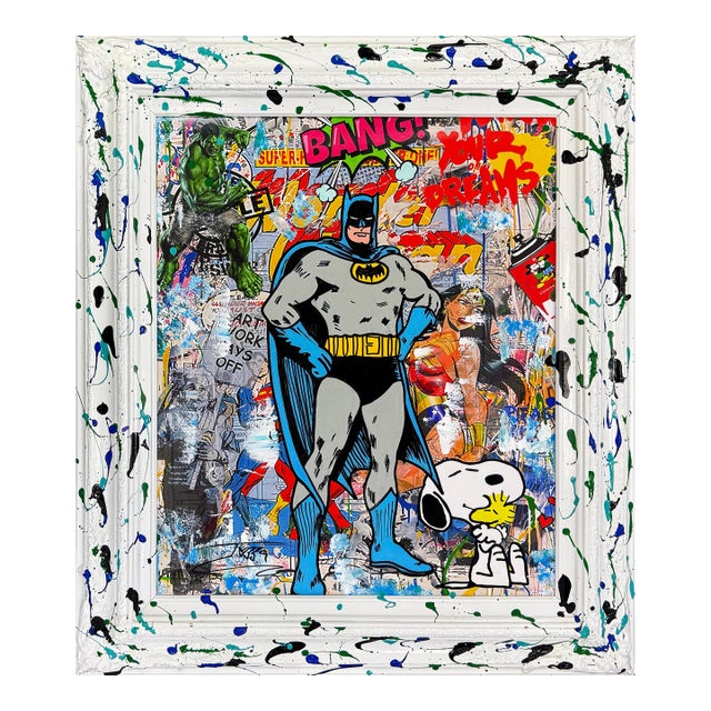 Jozza, Batman Bang!, Unique Mixed Media on Canvas With Painted Frame, 31 X 27 In. For Sale