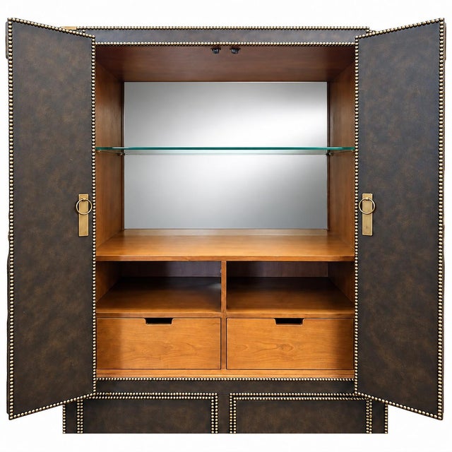 Campaign 20th -C. Regency Campaign Style Leather and Brass Bar Cabinet / Armoire For Sale - Image 3 of 6