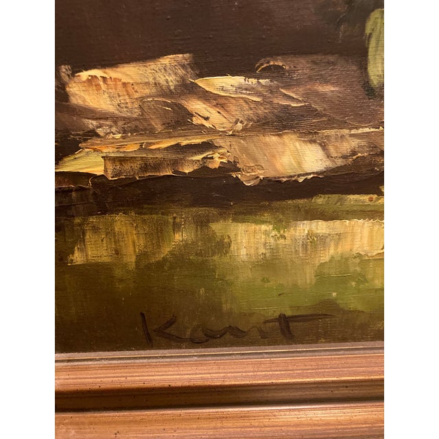 Kant Vintage Mid-Century Modern Oil Painting Yellow Flowers Green Vase Framed Signed 27”l X 21”w For Sale - Image 4 of 4