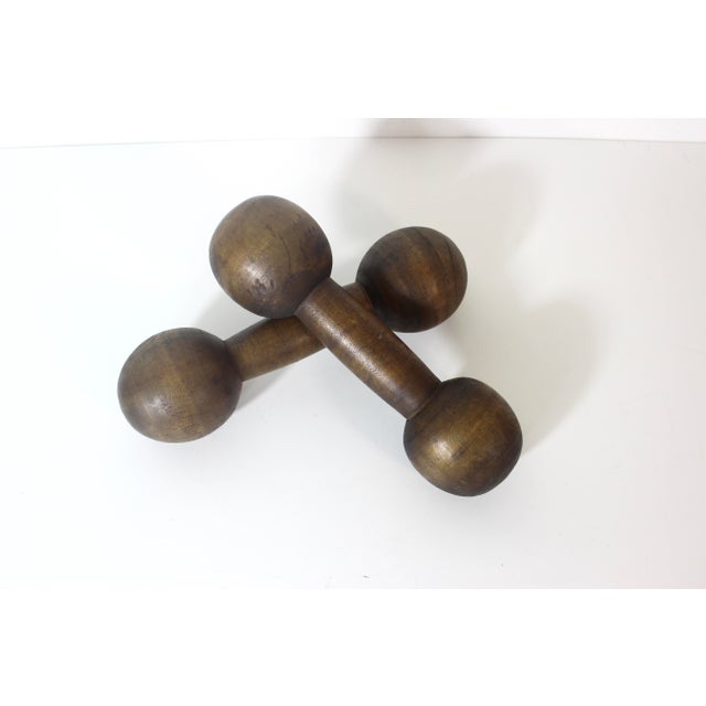 Cabin Vintage Wood Hand Weights or Dumbbells Set of Two Sports Equipment Memorabilia Dumb Bells For Sale - Image 3 of 12