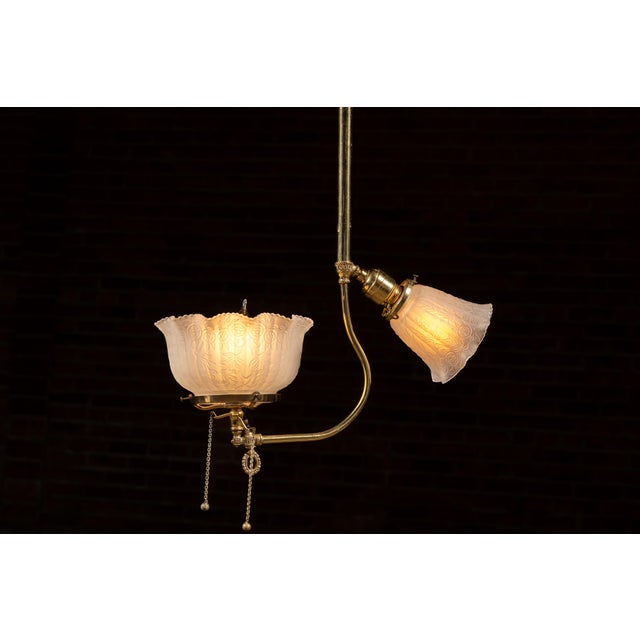 Metal Early 20th Century Brass Pendant With Embossed Glass Shades For Sale - Image 7 of 10