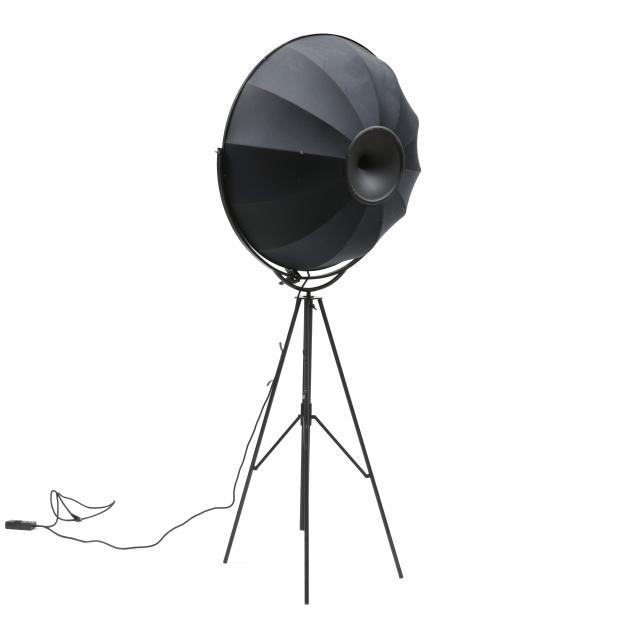 Late 20th century, adjustable black enameled metal tripod stand, pivoting umbrella form double linen shade in black and...