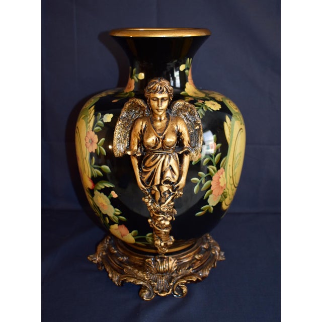 Black Vintage Neoclassical Ceramic Amphora Vase Lyre Floral Gilt Figural Urn 15” For Sale - Image 8 of 14