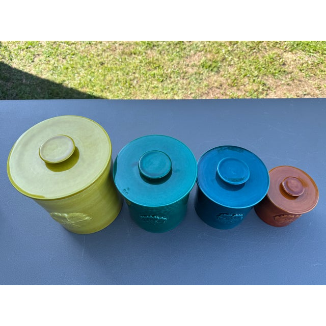 Yellow 1960s Glazed Ceramic Colorful Pottery Lidded Kitchen Canisters Made in Italy - Set of 4 For Sale - Image 8 of 18