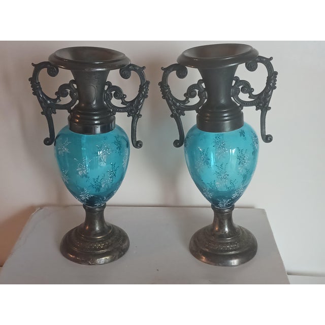 Rare Pair Antique WMF Art Nouveau Blue Glass Vases Silverplate Metalwork c.1900 For Sale In Milwaukee - Image 6 of 9