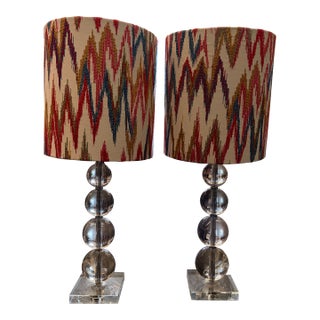Pair of Contemporary Crystal Ball Table Lamps With Custom Flame Stitch Shades For Sale