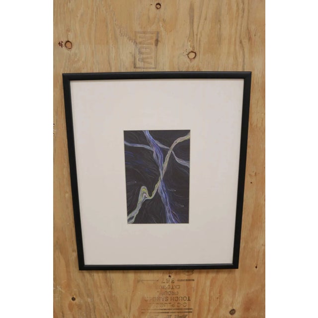 Framed painting rendered in purple and grey gouache on a black background. Impressionist style brush strokes.