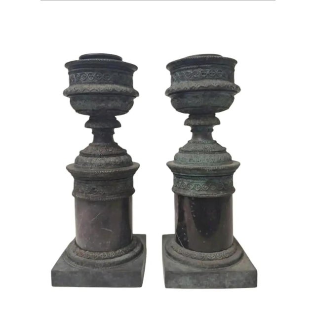 Vintage Maitland - Smith Bronze and Marble Hurricane Candle Holder ~ a Pair For Sale - Image 9 of 11