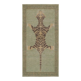 Rug & Kilim’s Distressed Tiger Runner in Green With Beige and Brown Pictorial For Sale
