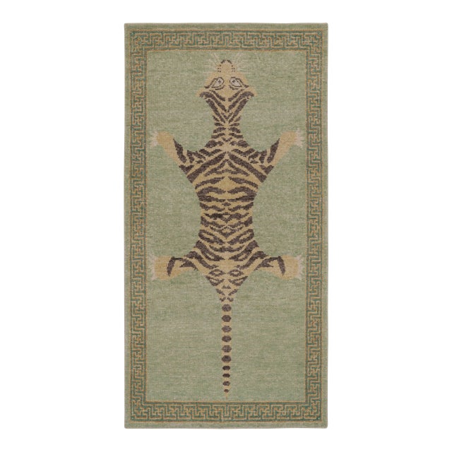 Rug & Kilim’s Distressed Tiger Runner in Green With Beige and Brown Pictorial For Sale