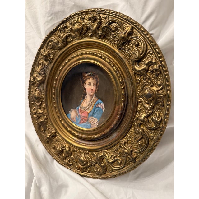 Antique Victorian miniature painting on Vienna porcelain with ornate repousse brass frame 1850-1899 Grand Tour French...