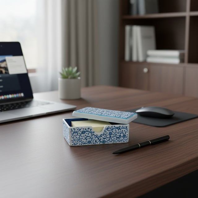 Handmade Ceramic Business Card Box with Lid – Blue “Golden Horn” (Haliç) Pattern – Iznik Desk Organizer For Sale - Image 4 of 9