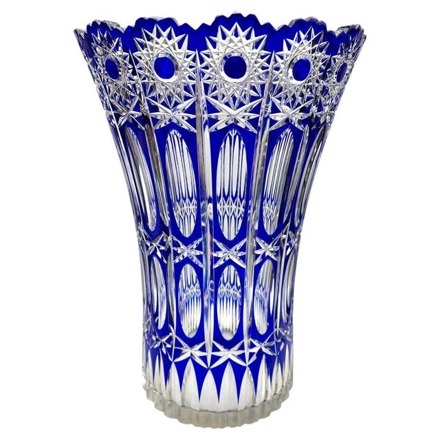Large Bohemian Vibrant Cobalt Vase in Crystal Cut-to-Clear, 1930 For Sale - Image 9 of 9
