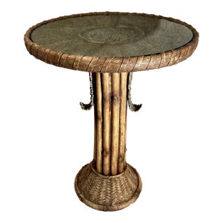 2010s Faux Bamboo Glass Top Side Table For Sale