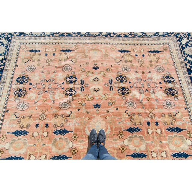 1990s Vintage Oushak Allover Salmon Navy Hand-Knotted Rug - 12’ X 18’1" For Sale - Image 4 of 10