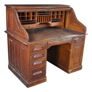 Antique Victorian American Oak S Curve Tambour Roll Top Executive Office Desk For Sale